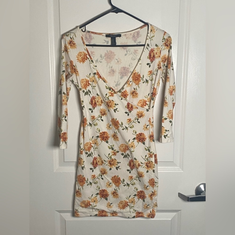 Forever 21 Floral Long Sleeve Dress - Cream and Orange